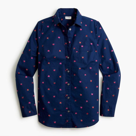 J. Crew Womens Blouse L Cotton Poplin Shirt Signature Fit Apples Blue Pink NEW - Picture 2 of 7